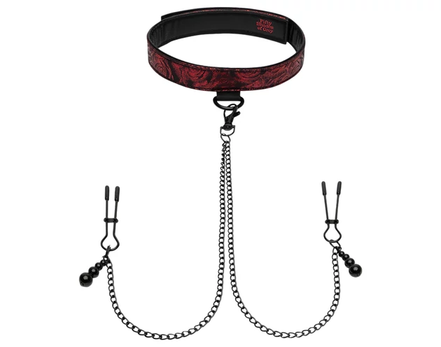 A szürke ötven árnyalata - nyakörv és bimbócsipesz (fekete-vörös)