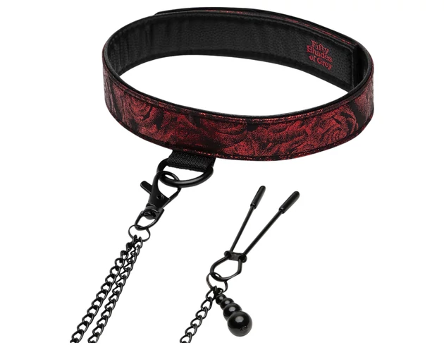 A szürke ötven árnyalata - nyakörv és bimbócsipesz (fekete-vörös)