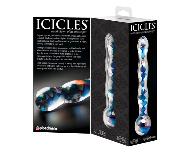 Icicles No. 08 - hullámos, kétvégű, üveg dildó (átlátszó-kék)