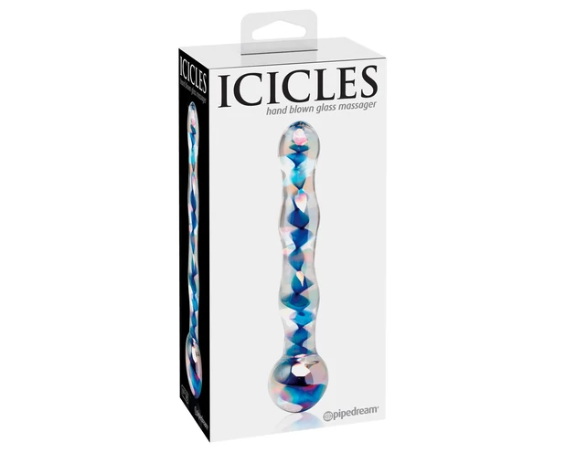 Icicles No. 08 - hullámos, kétvégű, üveg dildó (átlátszó-kék)