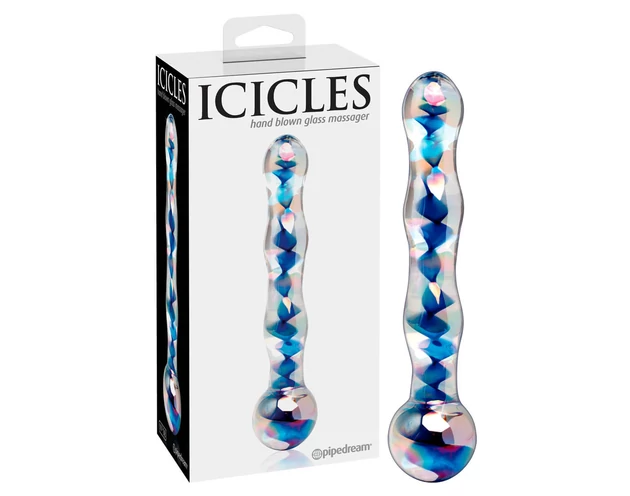 Icicles No. 08 - hullámos, kétvégű, üveg dildó (átlátszó-kék)