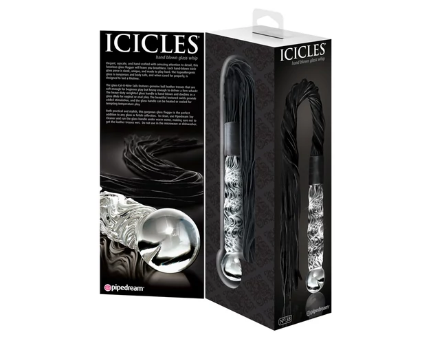 Icicles No. 38 - bőr korbács és üveg dildó (átlátszó-fekete)