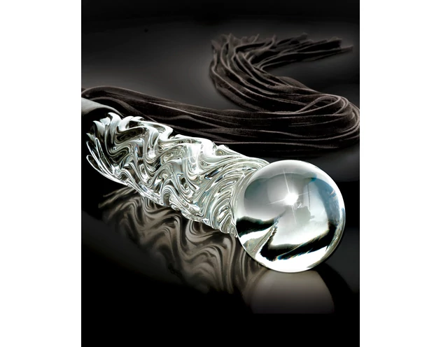 Icicles No. 38 - bőr korbács és üveg dildó (átlátszó-fekete)