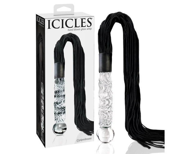 Icicles No. 38 - bőr korbács és üveg dildó (átlátszó-fekete)