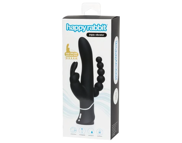 Happyrabbit Triple - akkus csikló-és análkaros vibrátor (fekete)
