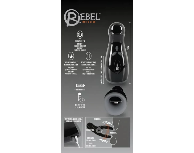 Rebel - fűthető, vibráló, fel-le mozgó maszturbátor (fekete)