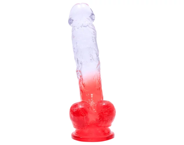 Sunfo - tapadókorongos, herés dildó - 21cm (átlátszó-piros)