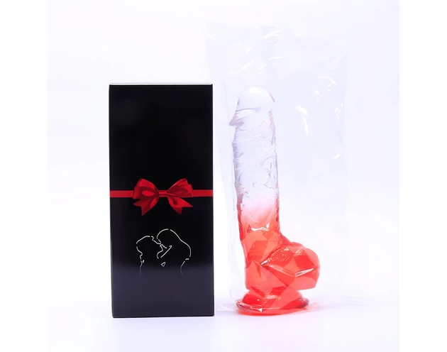 Sunfo - tapadókorongos, herés dildó - 21cm (átlátszó-piros)