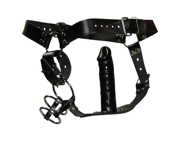 ZADO - bőr tanga dildóval, 3 péniszgyűrűvel