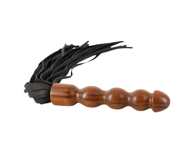 ZADO - bőr korbács, fa dildó nyéllel (fekete-barna)