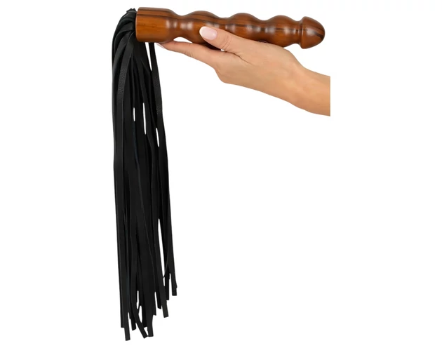 ZADO - bőr korbács, fa dildó nyéllel (fekete-barna)