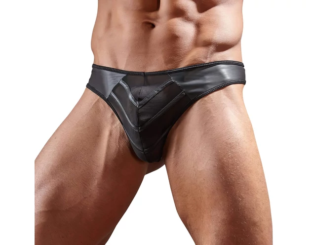 Fényes férfi tanga átlátszó betéttel (fekete)