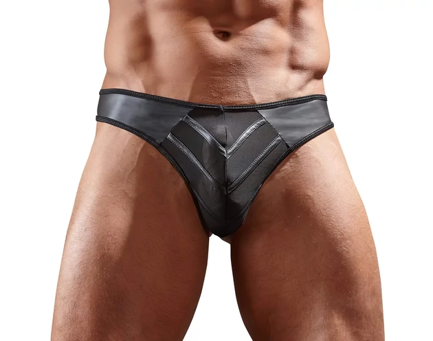 Fényes férfi tanga átlátszó betéttel (fekete)