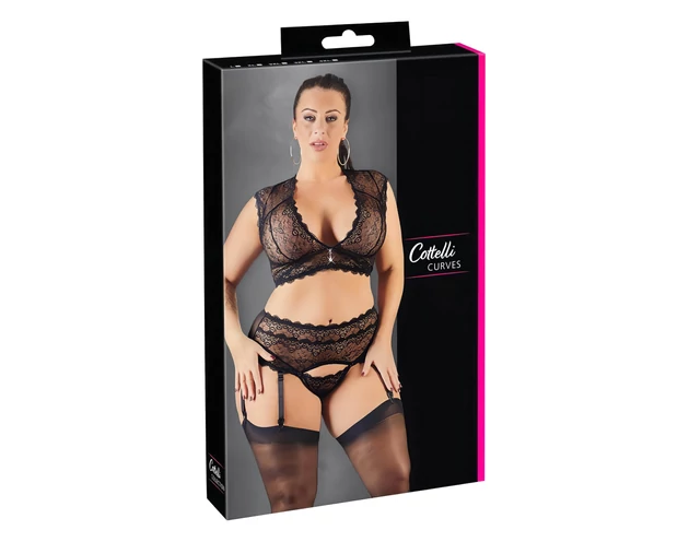 Cottelli Plus Size - strasszos, csipke fehérnemű szett (fekete)