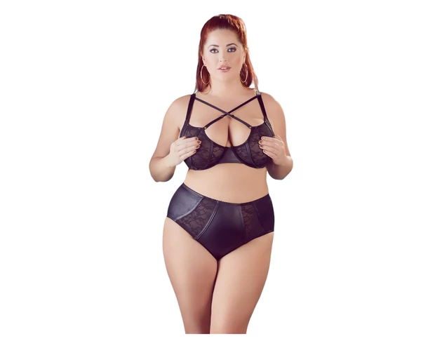 Cottelli Plus Size - keresztpántos melltartó és bugyi (fekete)