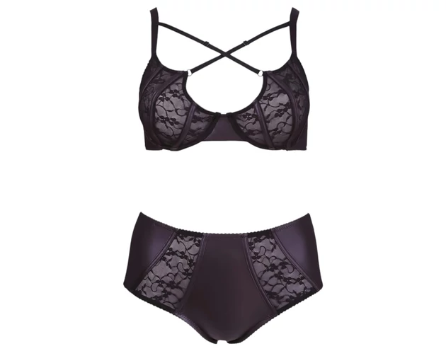 Cottelli Plus Size - keresztpántos melltartó és bugyi (fekete)