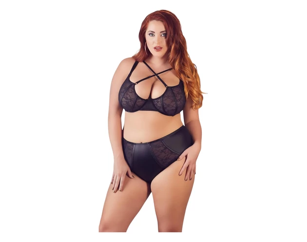 Cottelli Plus Size - keresztpántos melltartó és bugyi (fekete)