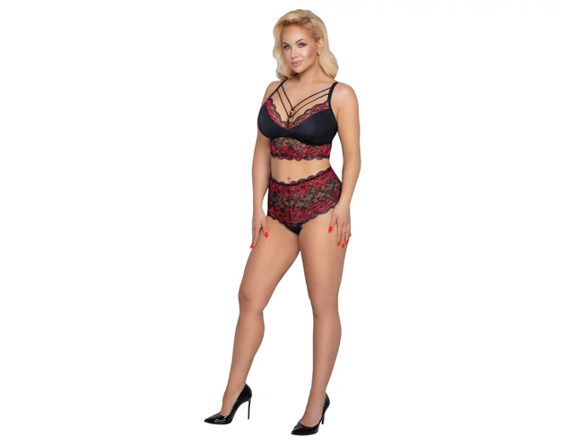 Cottelli Curvies - virágos csipke fehérnemű szett (fekete)