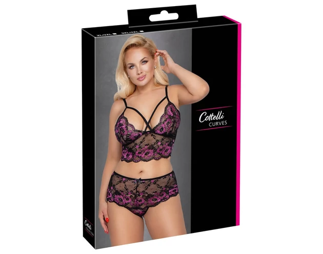 Cottelli Plus Size - virágos melltartó szett (fekete-lila)