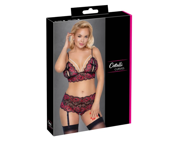 Cottelli Curves - virágos, nyitott melltartó szett (fekete)