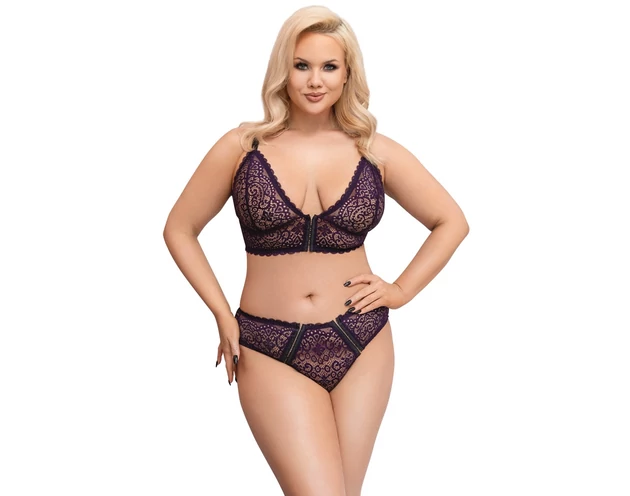 Cottelli Plus Size - áttetsző mintás melltartó szett (lila)