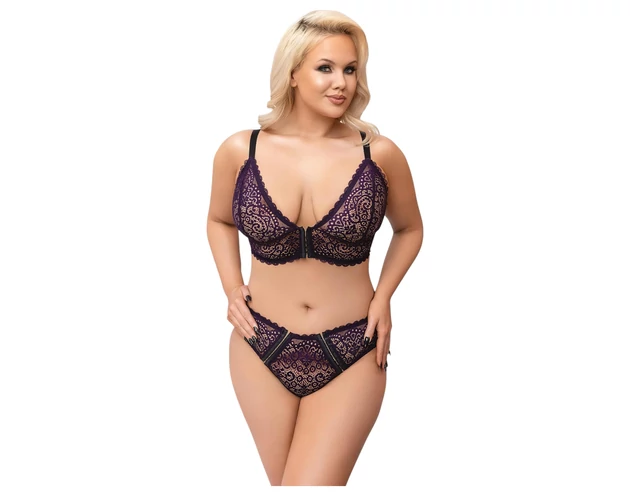 Cottelli Plus Size - áttetsző mintás melltartó szett (lila)