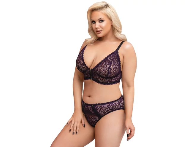 Cottelli Plus Size - áttetsző mintás melltartó szett (lila)