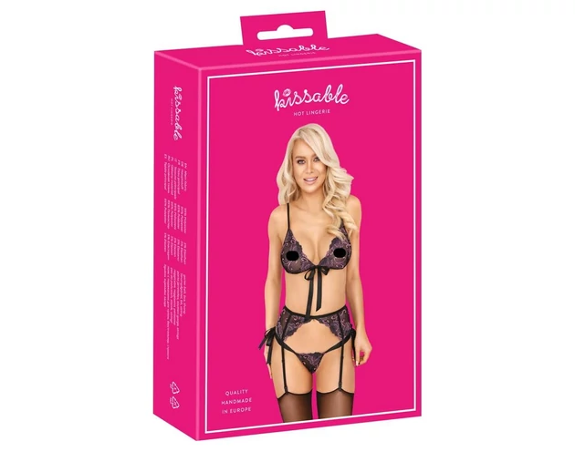 Kissable - pink-lila hímzéses melltartó szett (fekete)