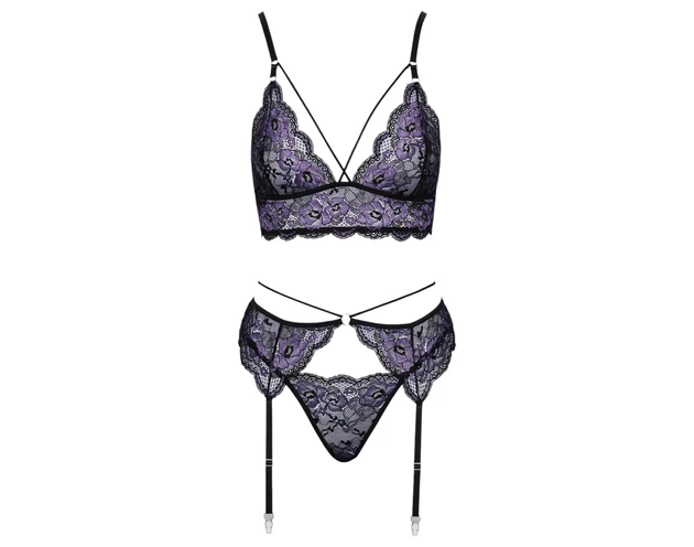 Cottelli - 3 részes csipke fehérnemű szett (fekete-viola)