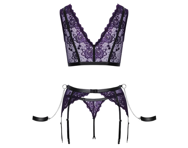 Cottelli Bondage - fehérnemű szett és kar bilincs (fekete-lila)