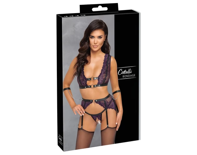 Cottelli Bondage - fehérnemű szett és kar bilincs (fekete-lila)