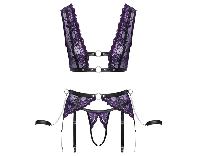 Cottelli Bondage - fehérnemű szett és kar bilincs (fekete-lila)