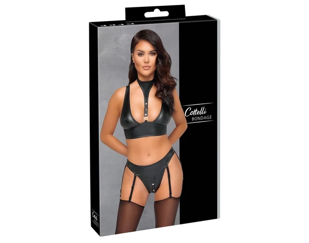 Cottelli Bondage - fényes melltartó szett bilincsekkel (fekete)