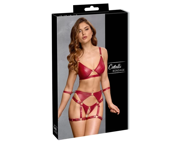 Cottelli Bondage - fényes melltartó szett és kar bilincs (piros)