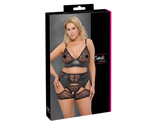 Cottelli Curves - csipkés, bőrbetétes melltartó szett (fekete)