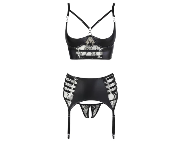 Abierta Fina - szikrázó pántos-csipkés fehérnemű szett (fekete)