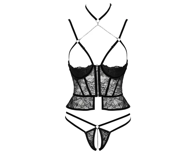 Abierta Fina - nyitott tanga és fűző (fekete)