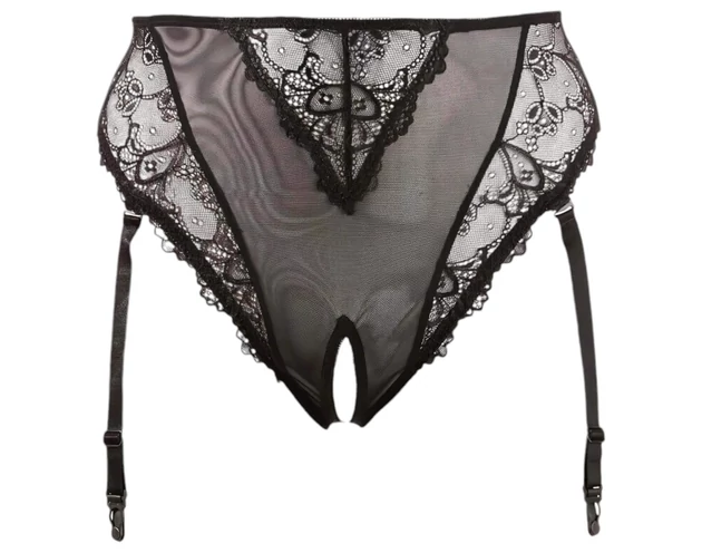 Cottelli Plus Size - csipke harisnyatartós bugyi (fekete)