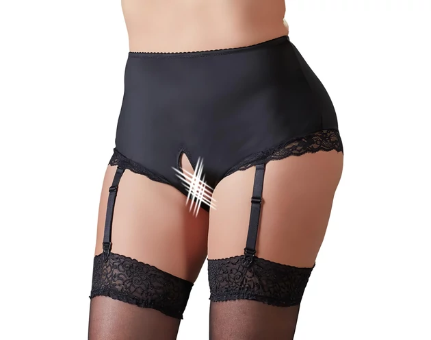 Cottelli Plus Size - harisnyatartós nyitott bugyi (fekete)