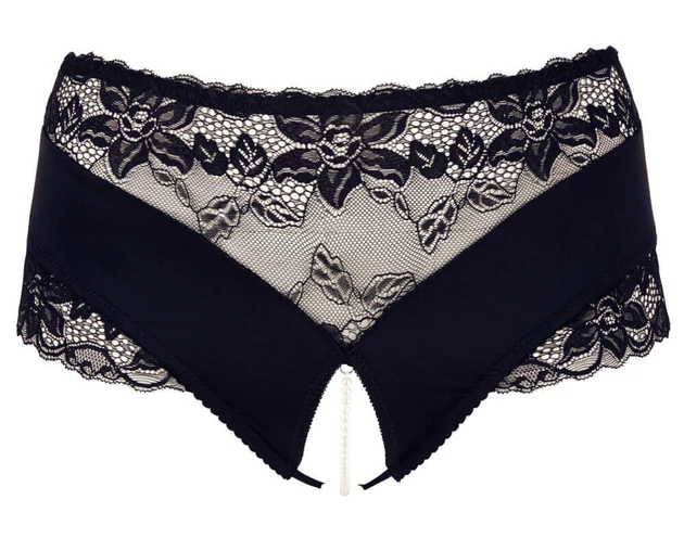 Cottelli Plus Size - csipkés gyöngyös nyitott bugyi (fekete)