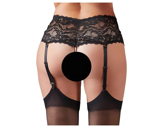 Cottelli Plus Size - harisnyatartós, gyöngyös csipke bugyi (fekete)