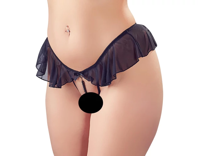 Cottelli - nyitott, gyöngyös fodros tanga (fekete)