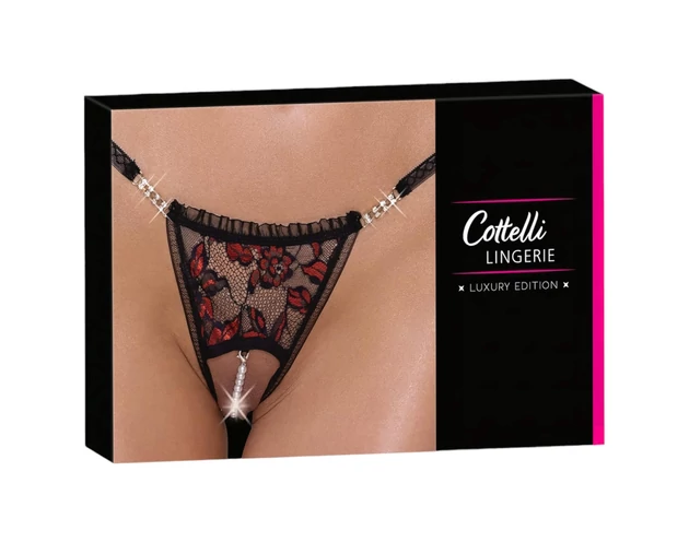 Cottelli - luxus, rózsás gyöngyös tanga (fekete)