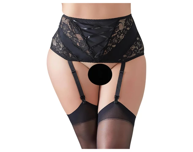 Cottelli Plus Size - csipkés, fűzős harisnyatartó (fekete)