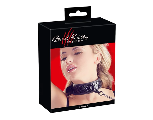 Bad Kitty - drágakőmintás nyakörv és póráz (fekete)