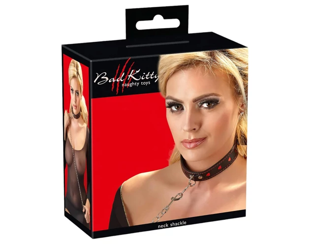 Bad Kitty - szíves nyakörv és fém póráz (fekete)