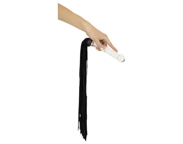 Bad Kitty - bőr korbács üveg dildóval (átlátszó-fekete)