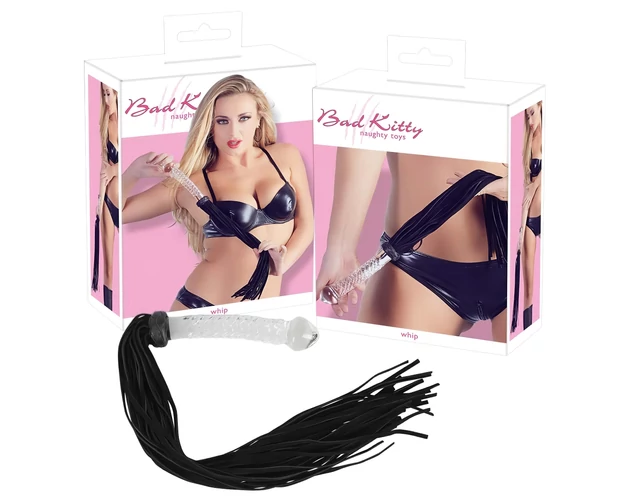 Bad Kitty - bőr korbács üveg dildóval (átlátszó-fekete)