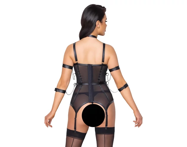 Cottelli Bondage - pántos felső, kar bilincs és tanga (fekete)