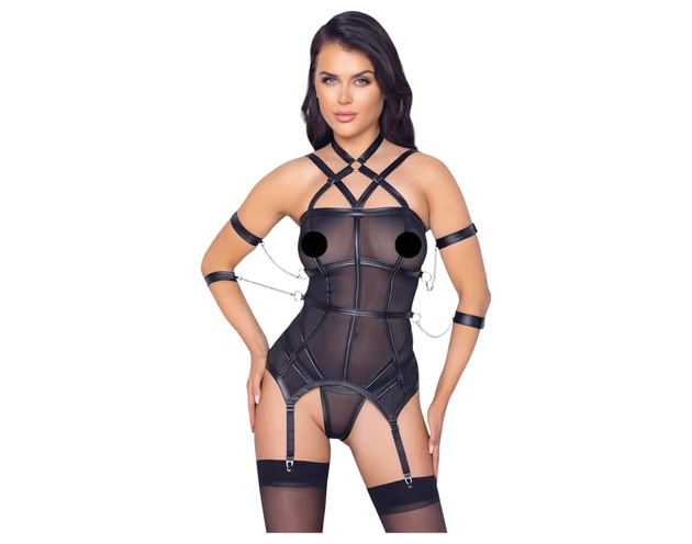 Cottelli Bondage - pántos felső, kar bilincs és tanga (fekete)